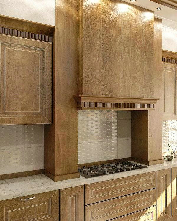 brown cabinets with white quartz countertops feature