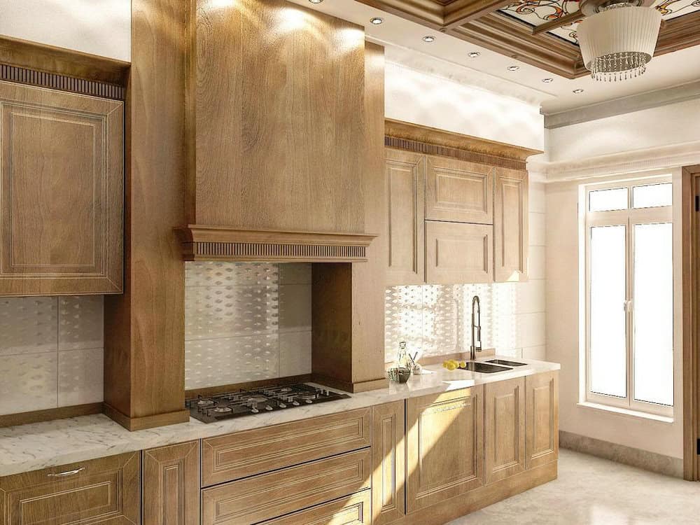 brown cabinets with white quartz countertops