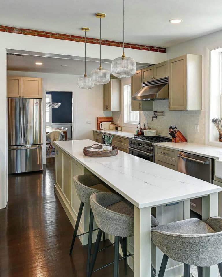 light grey countertops with white cabinets feature