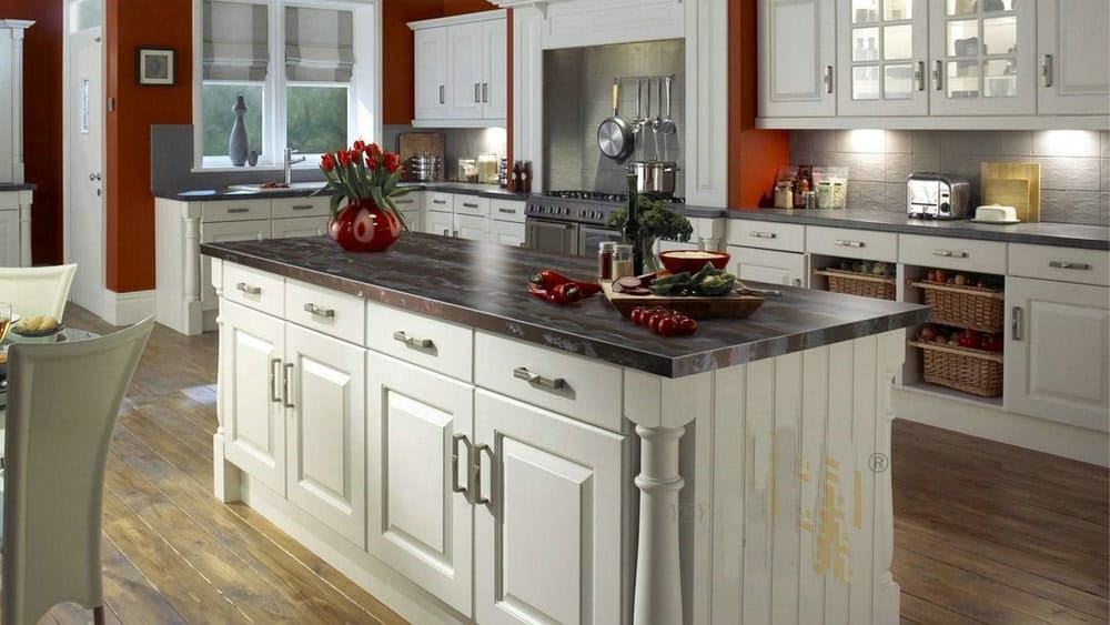 brown quartz countertops with white cabinets