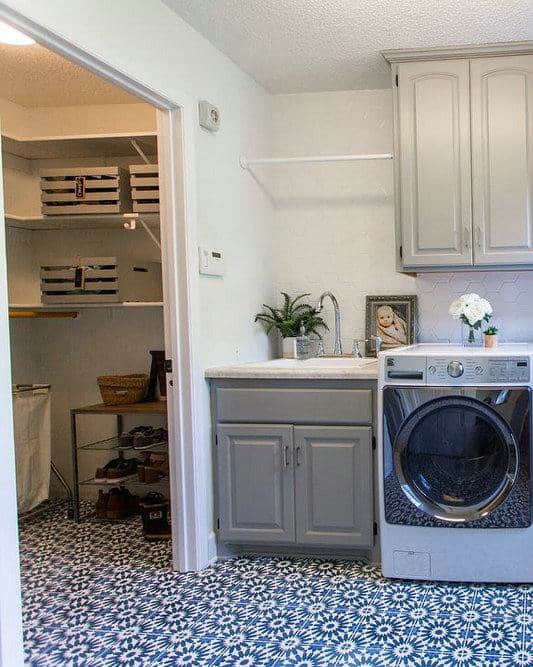 light gray cabinets with white countertops feature