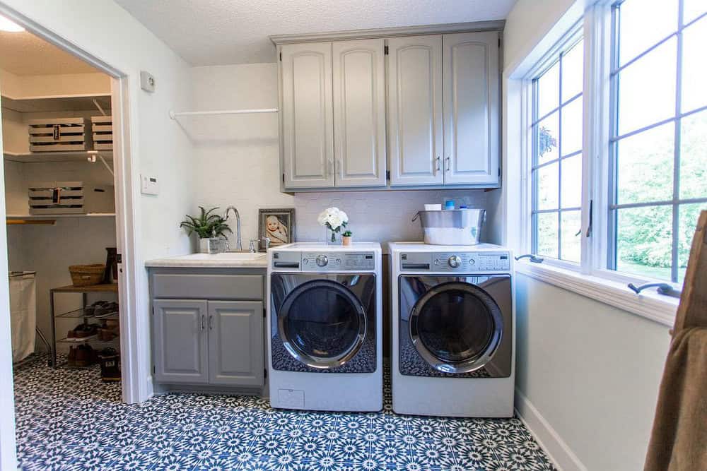 light gray cabinets with white countertops