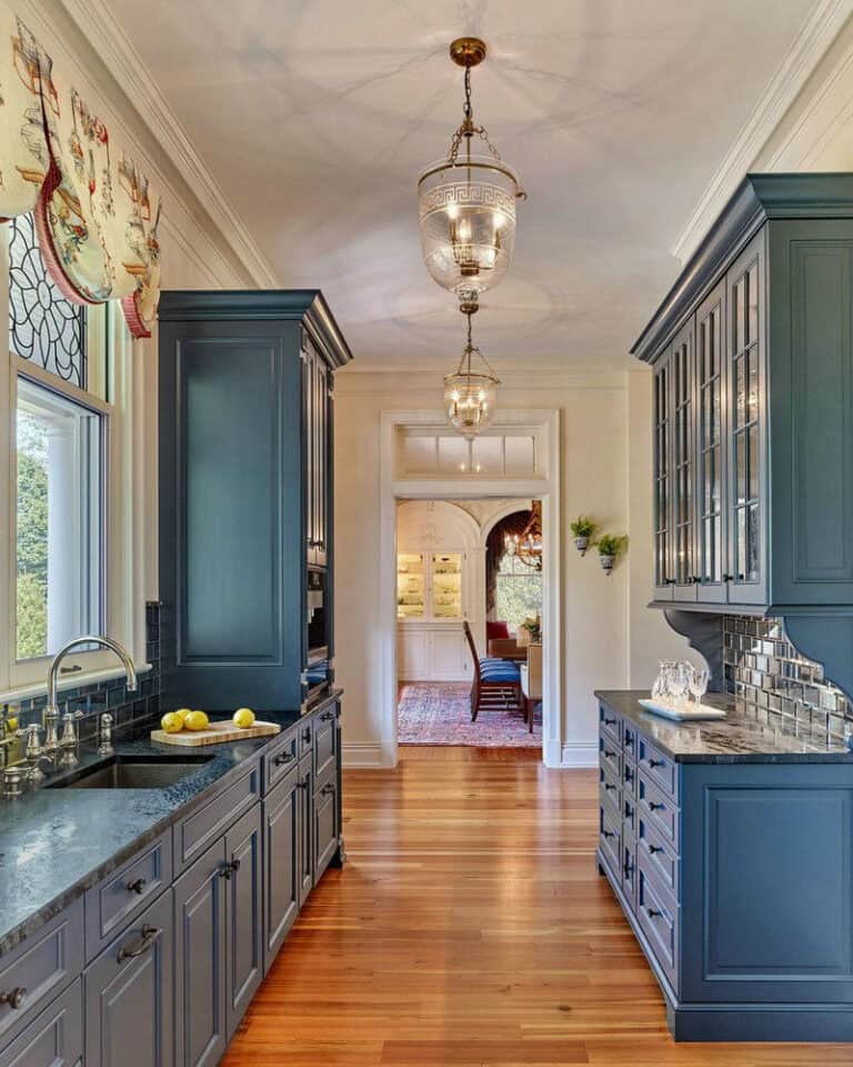 blue cabinets with granite countertops feature