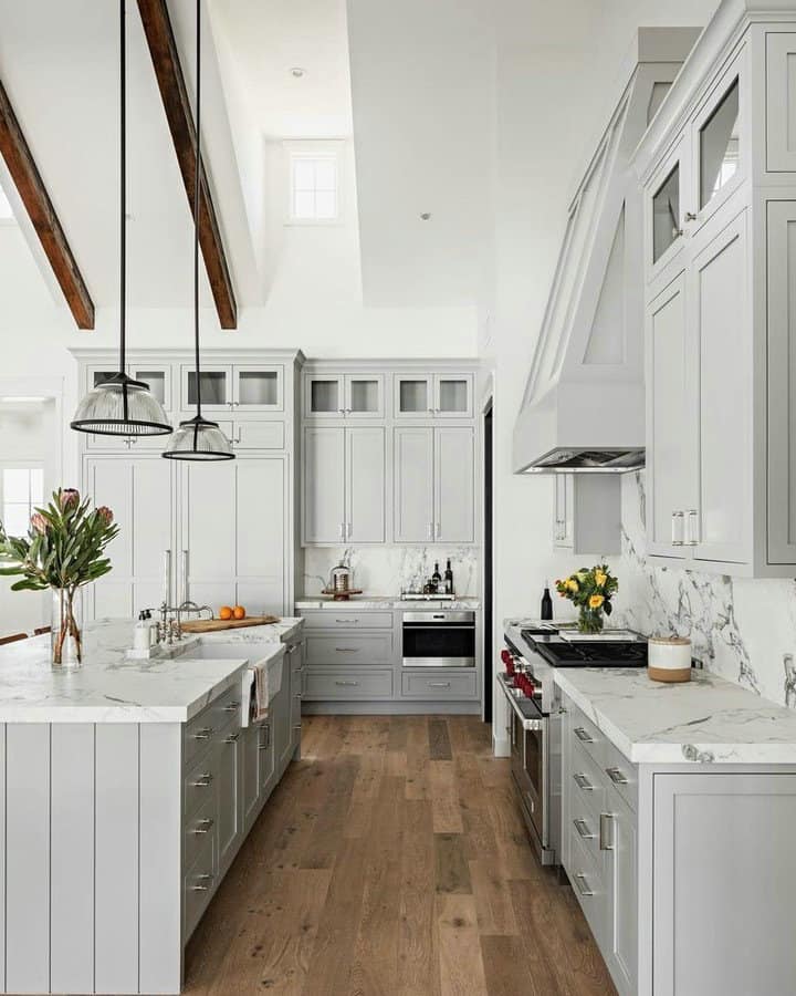 kitchens with gray cabinets and white countertops