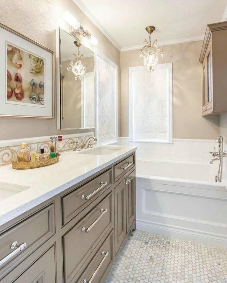 white counters with brown cabinets feature