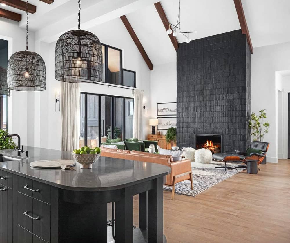 black fireplace white walls