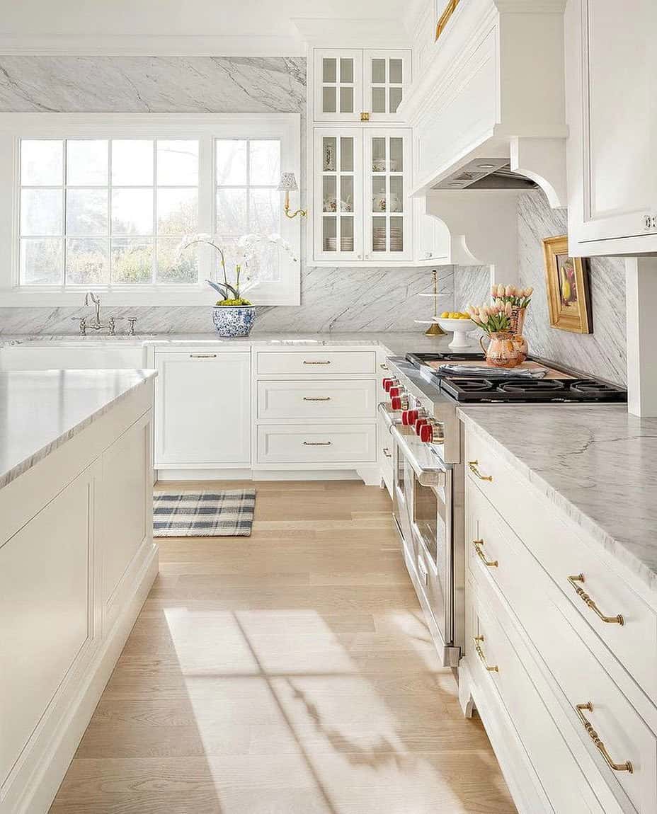 white kitchen cabinets with beige tile floor