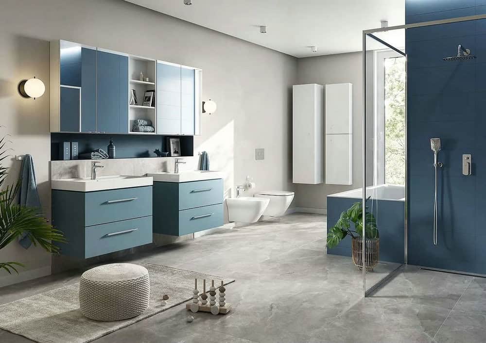 blue white gray bathroom