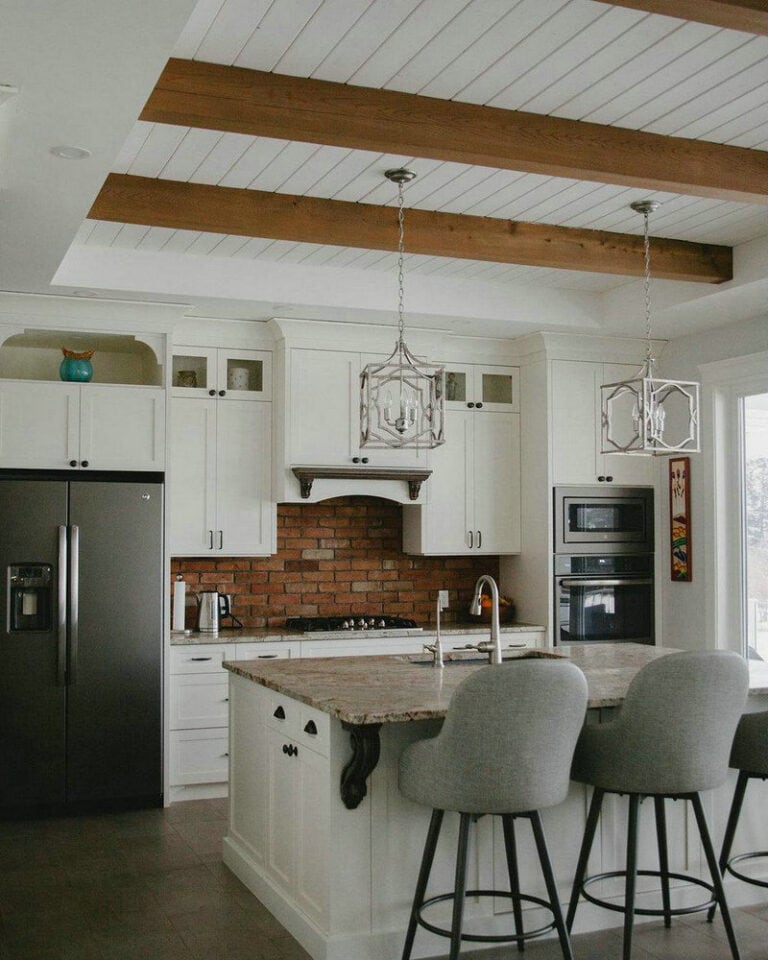 white kitchens with brick backsplash feature