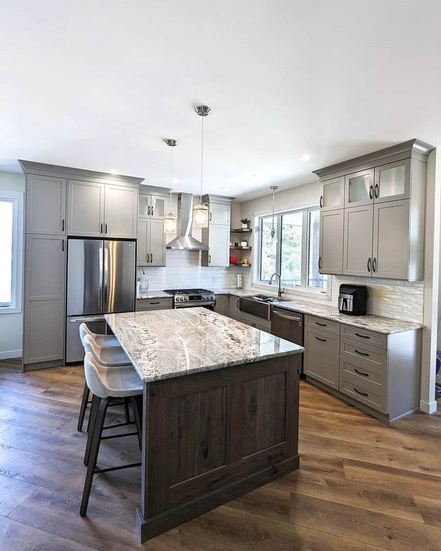 gray cabinets with white countertops