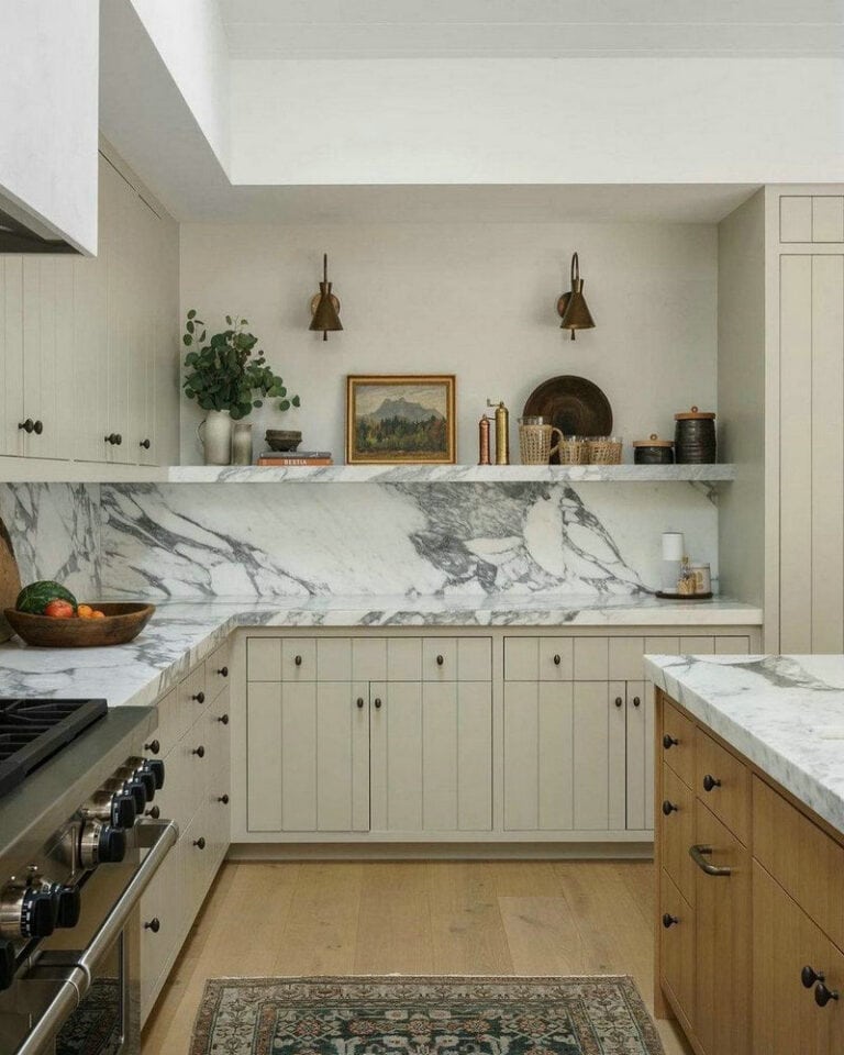 stone backsplash white cabinets feature