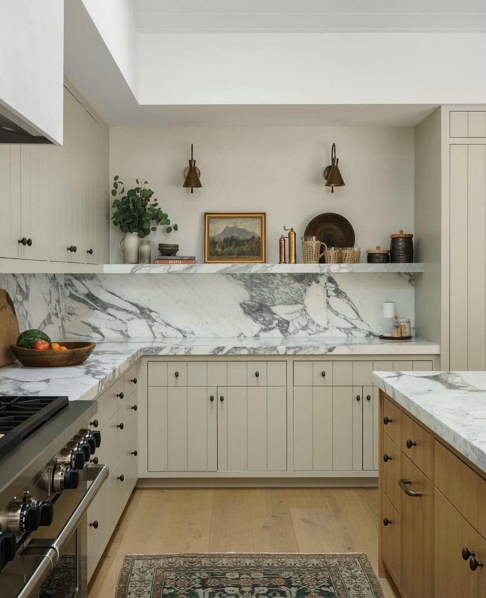 stone backsplash white cabinets