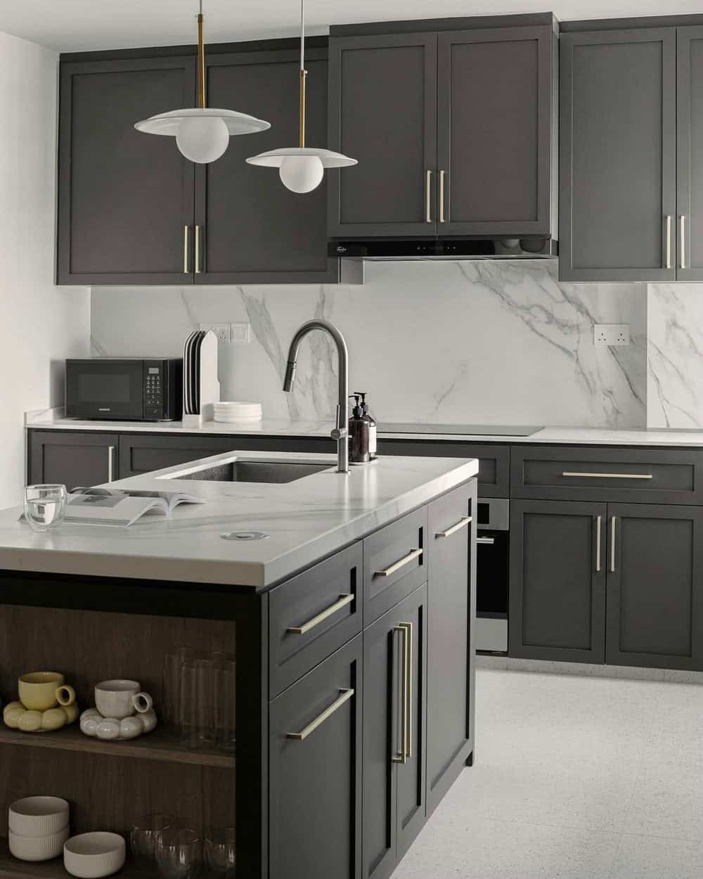 light gray kitchen cabinets with white countertops