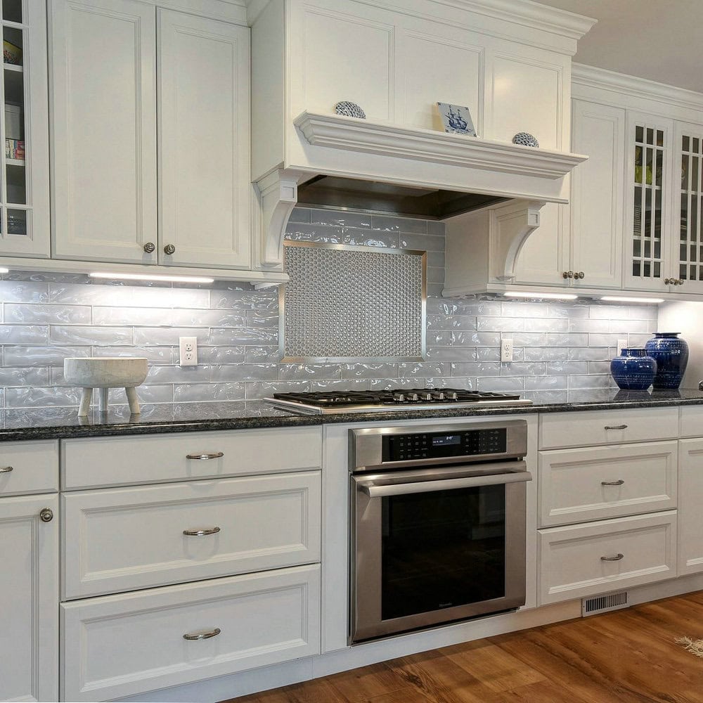 black countertop white backsplash