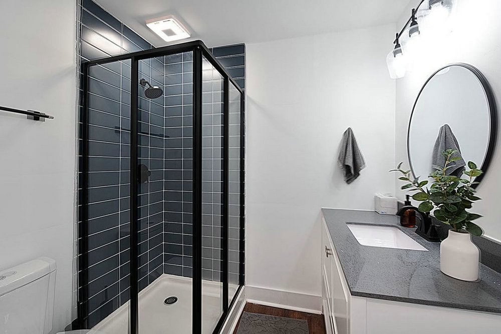 stacked subway tile bathroom