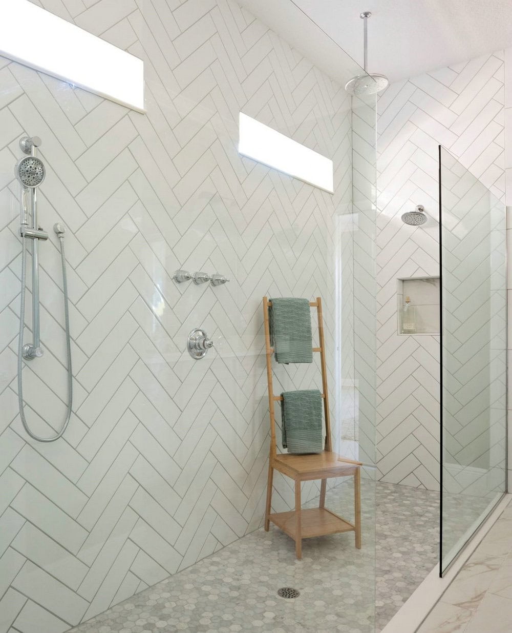 white shower tile with grey grout