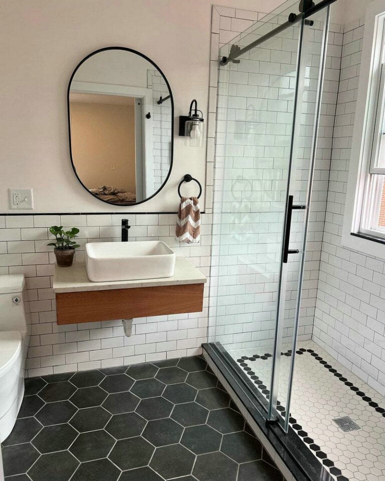 white subway tile charcoal grout feature