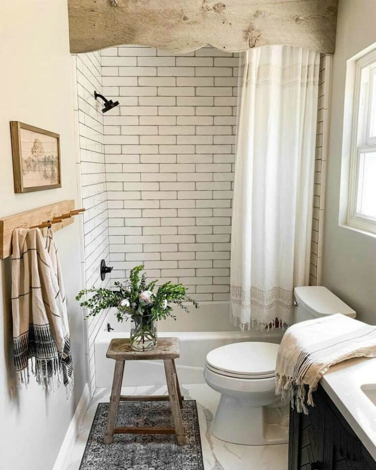 grey grout white subway tile shower feature