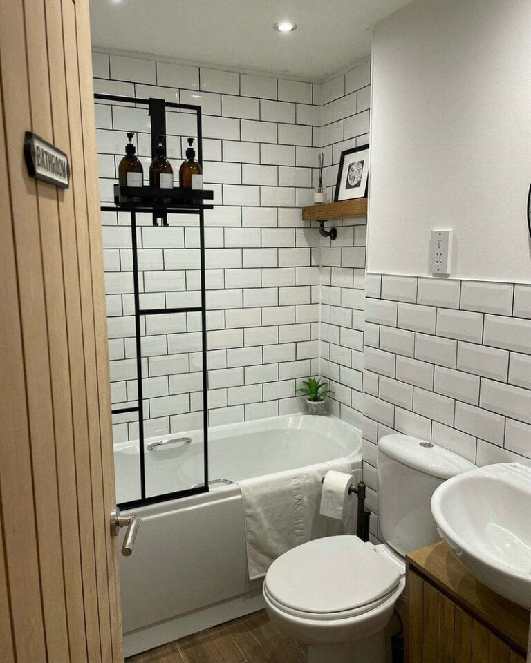 white tile charcoal grout feature