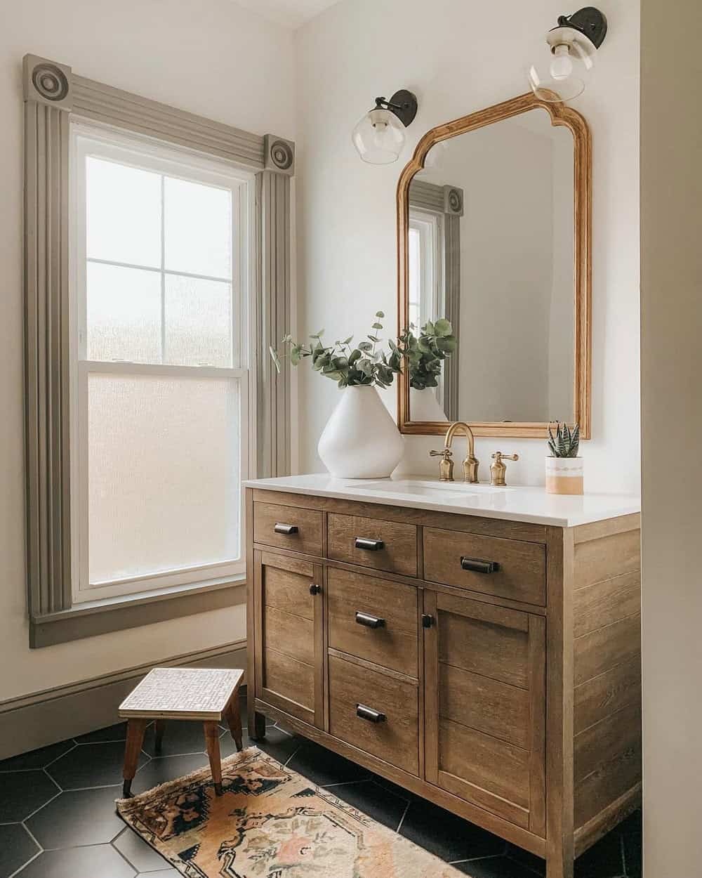 wood baseboard in bathroom