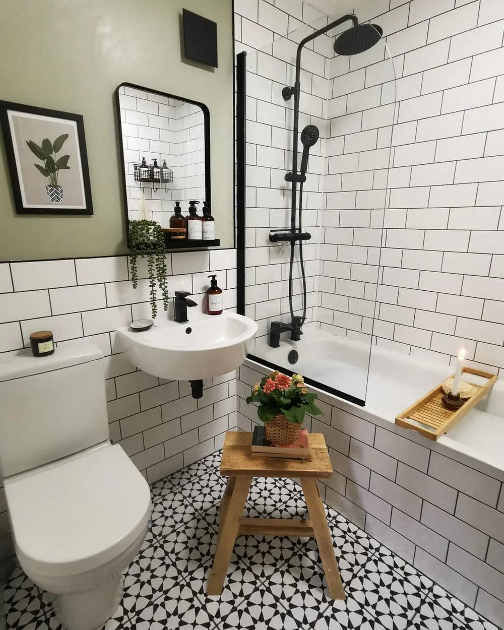 white subway tile black grout shower