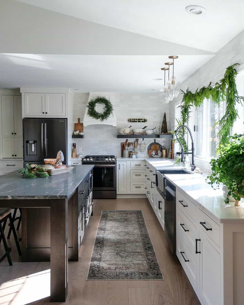 black granite countertops with tile backsplash