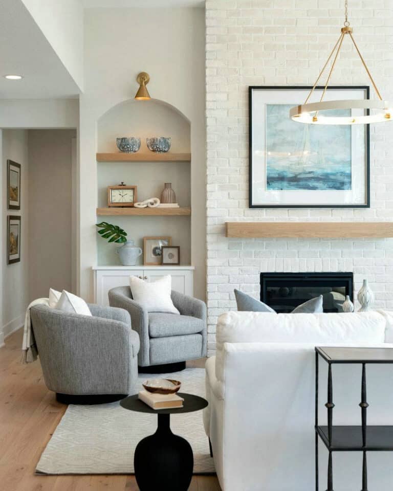 white brick behind wood stove feature