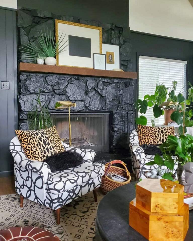 black wash stone fireplace feature