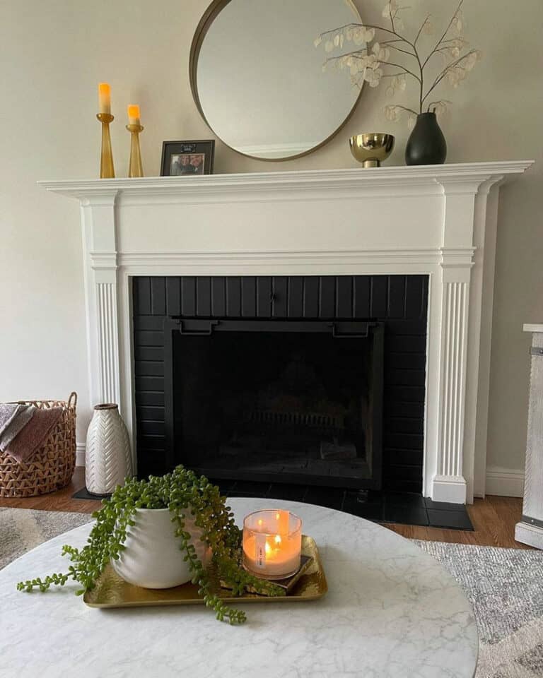 black and white tiled fireplace feature