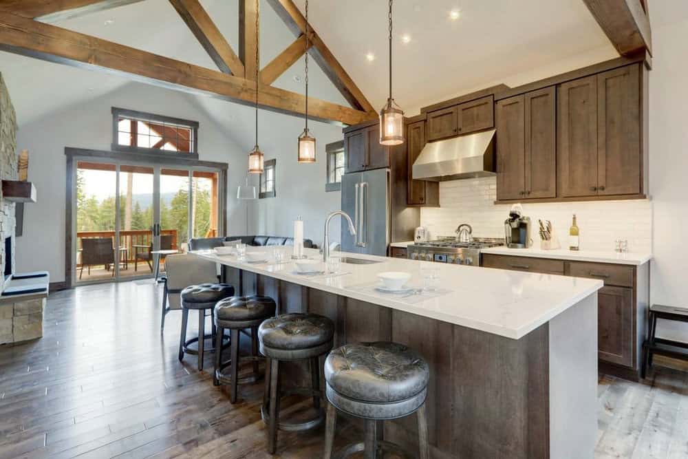 brown cabinets white backsplash