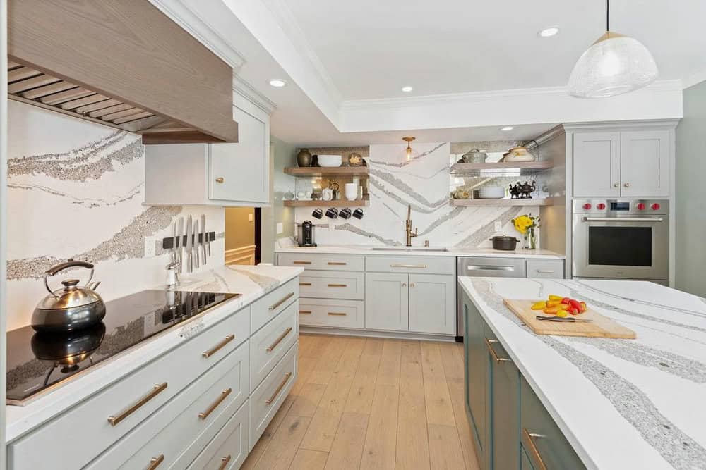 quartz backsplash behind range