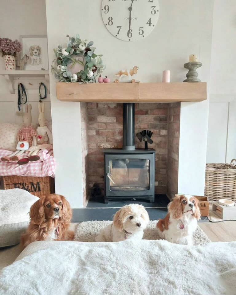 brick fireplace with white mantle feature