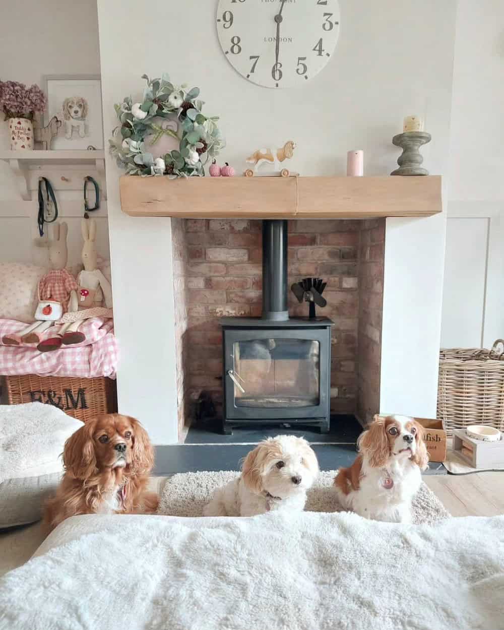 brick fireplace with white mantle