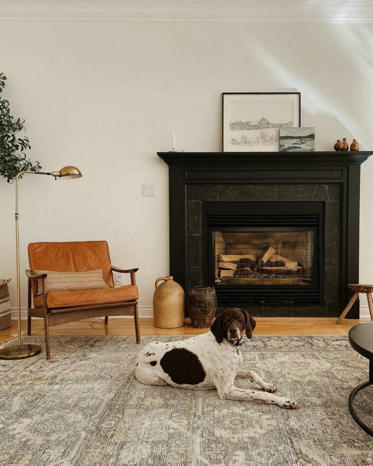 black tiled fireplace wall feature