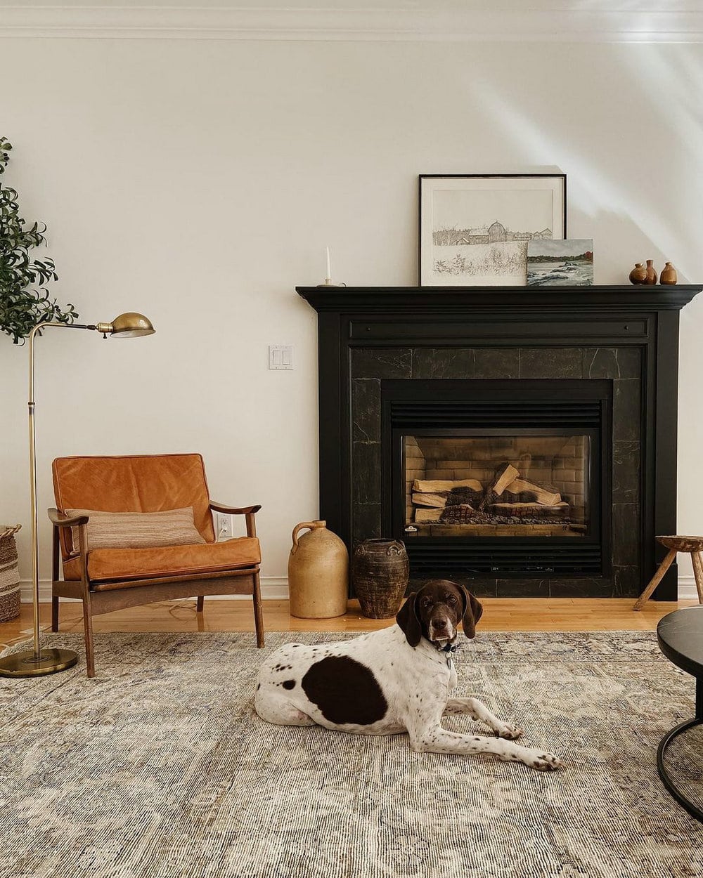 black tiled fireplace wall