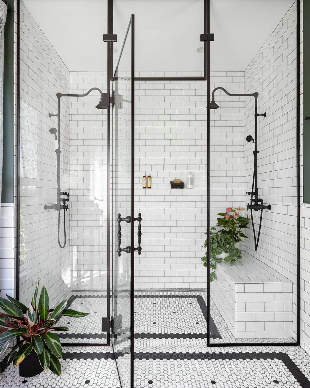 white subway tile with gray grout shower