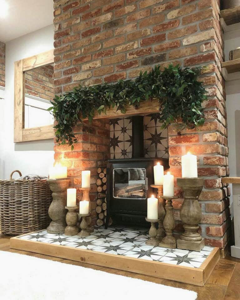 accent wall with brick fireplace feature