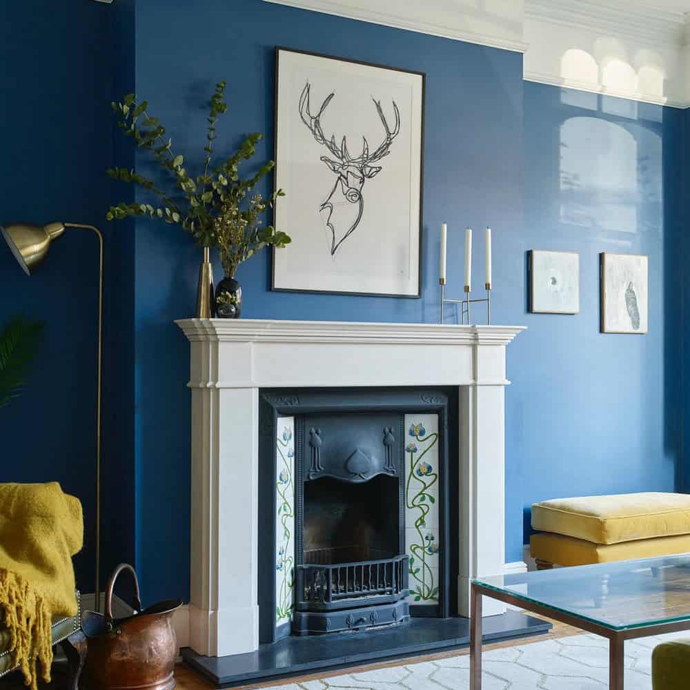 navy blue fireplace accent wall