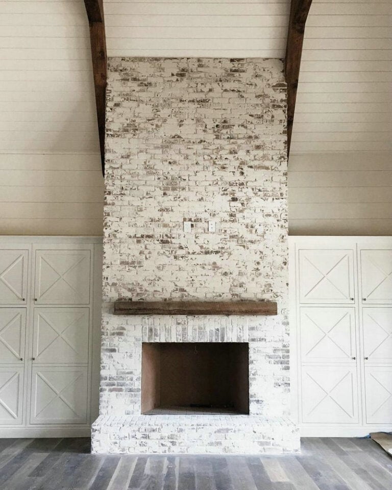 chalk painted brick fireplace feature