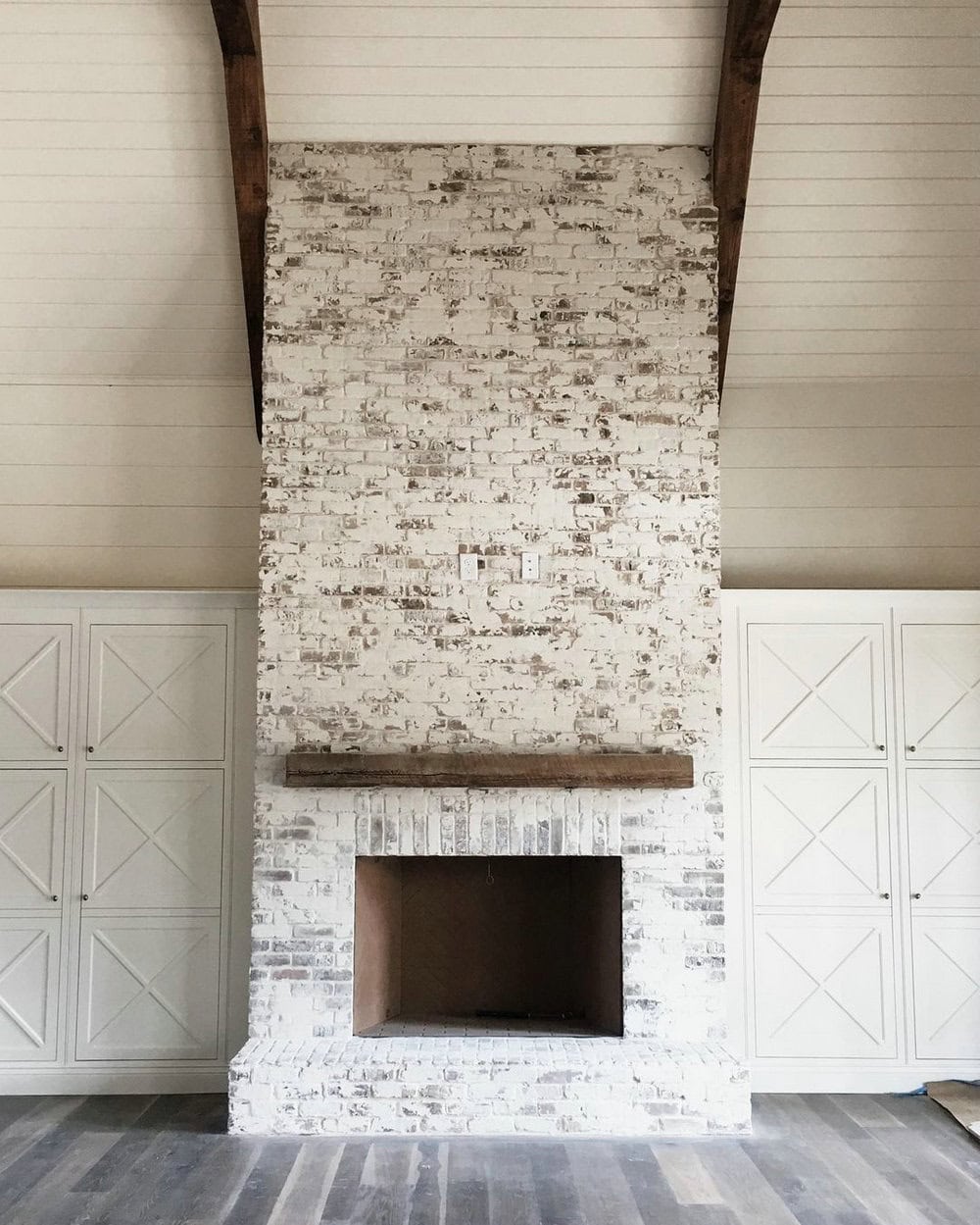 chalk painted brick fireplace