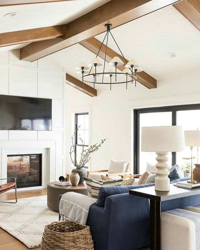 tv above modern electric fireplace feature