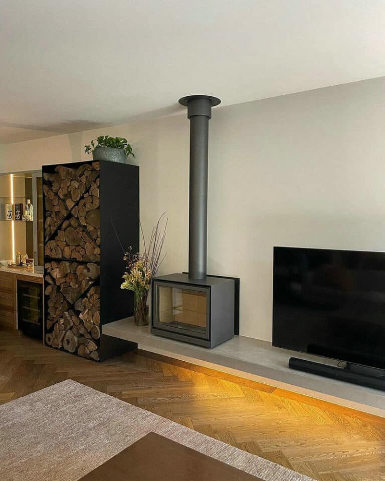 modern stand alone fireplace feature