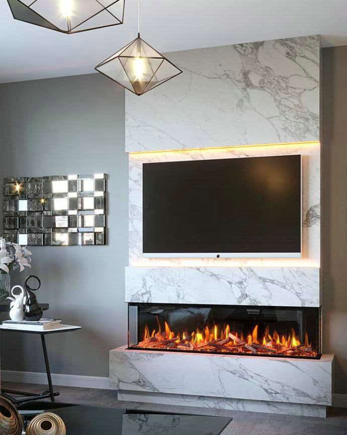 stone wall with electric fireplace and tv feature