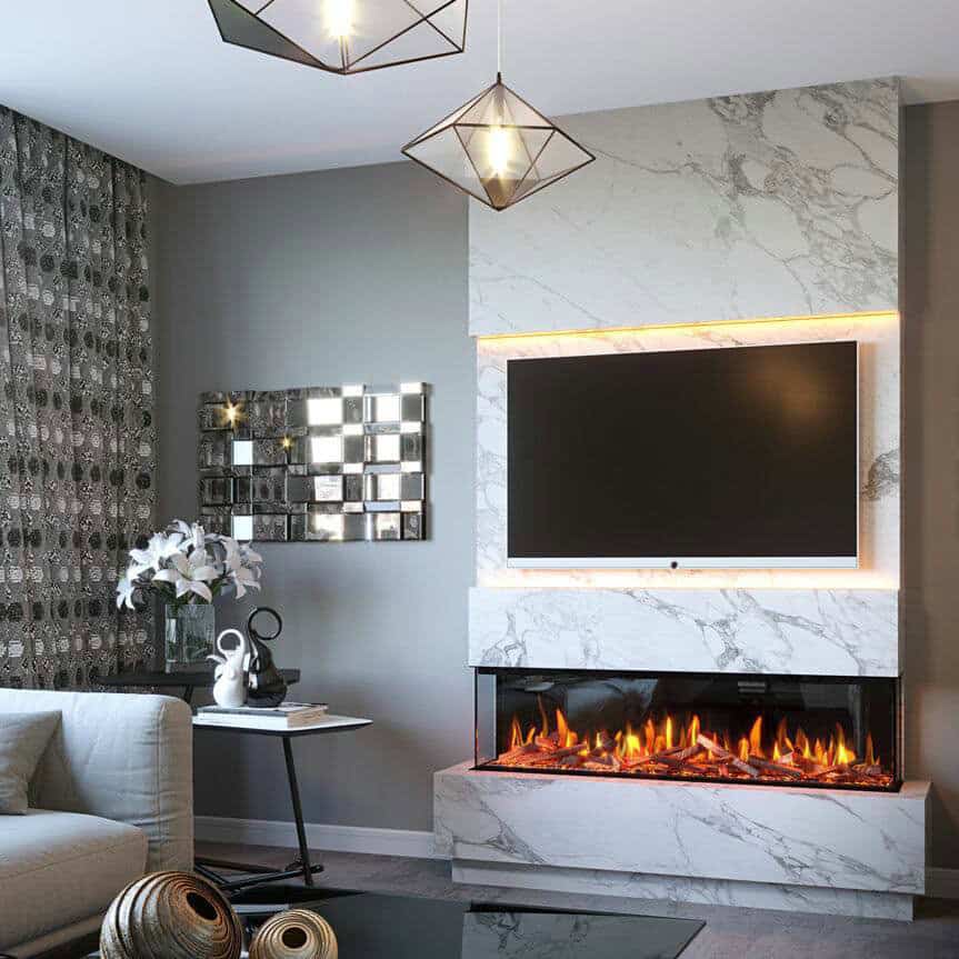 stone wall with electric fireplace and tv