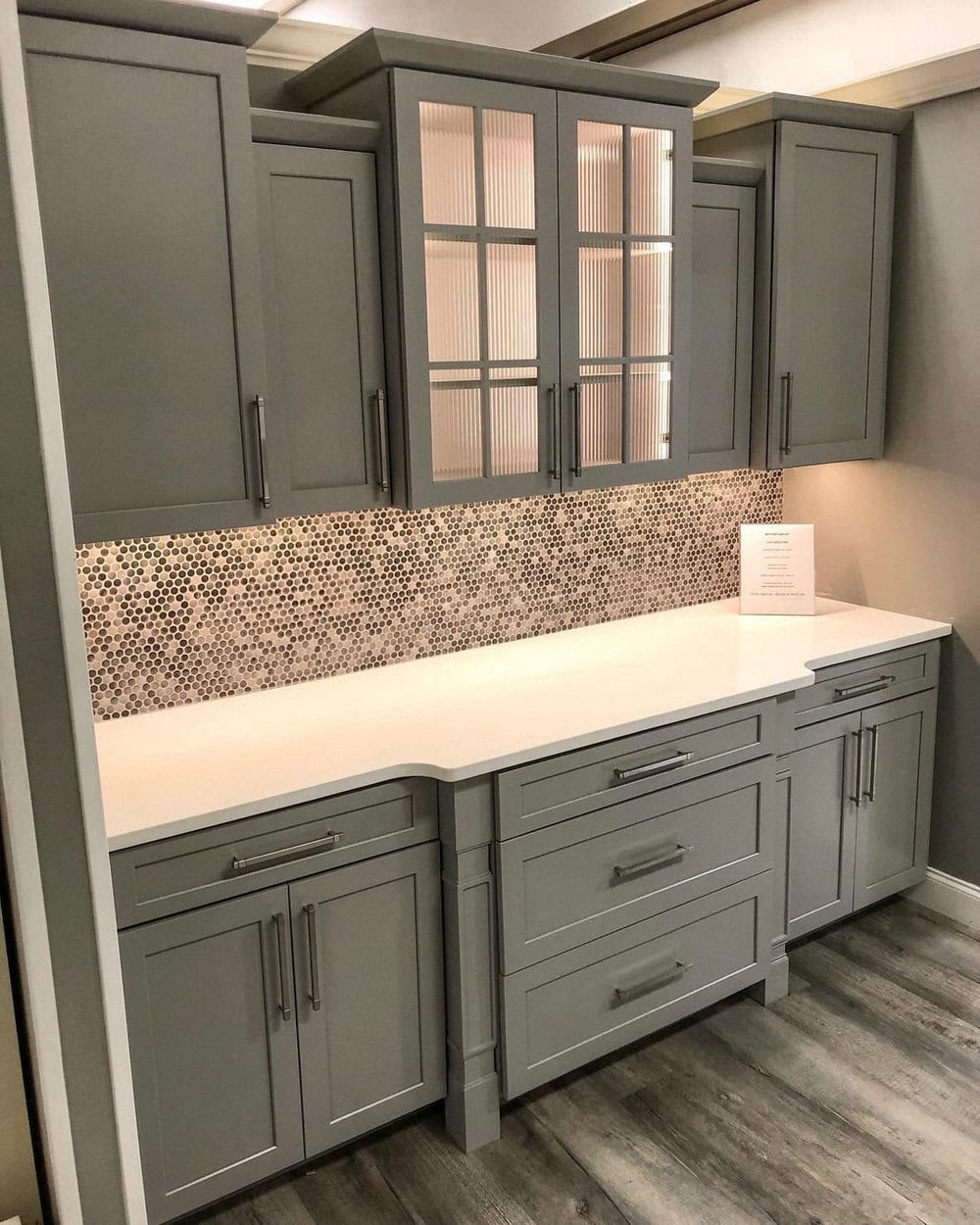 grey cabinets and white countertops