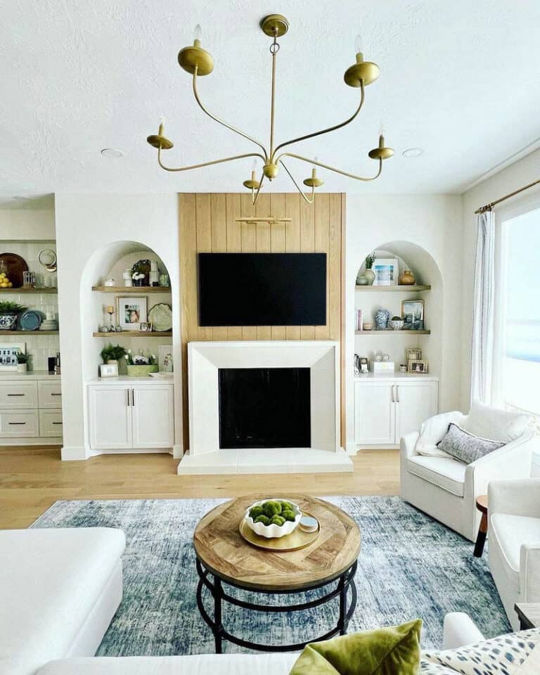 tv fireplace wall with shelves feature