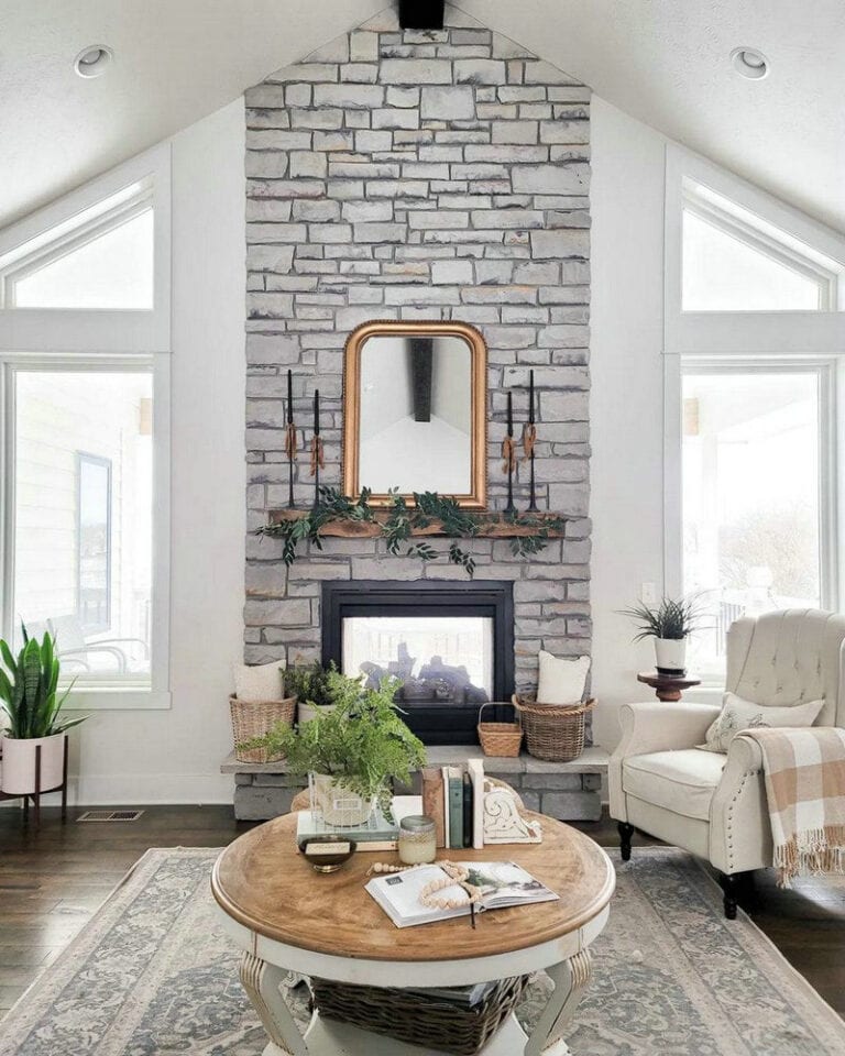 windows on either side of fireplace feature