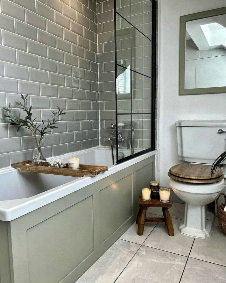 modern farmhouse shower tile feature