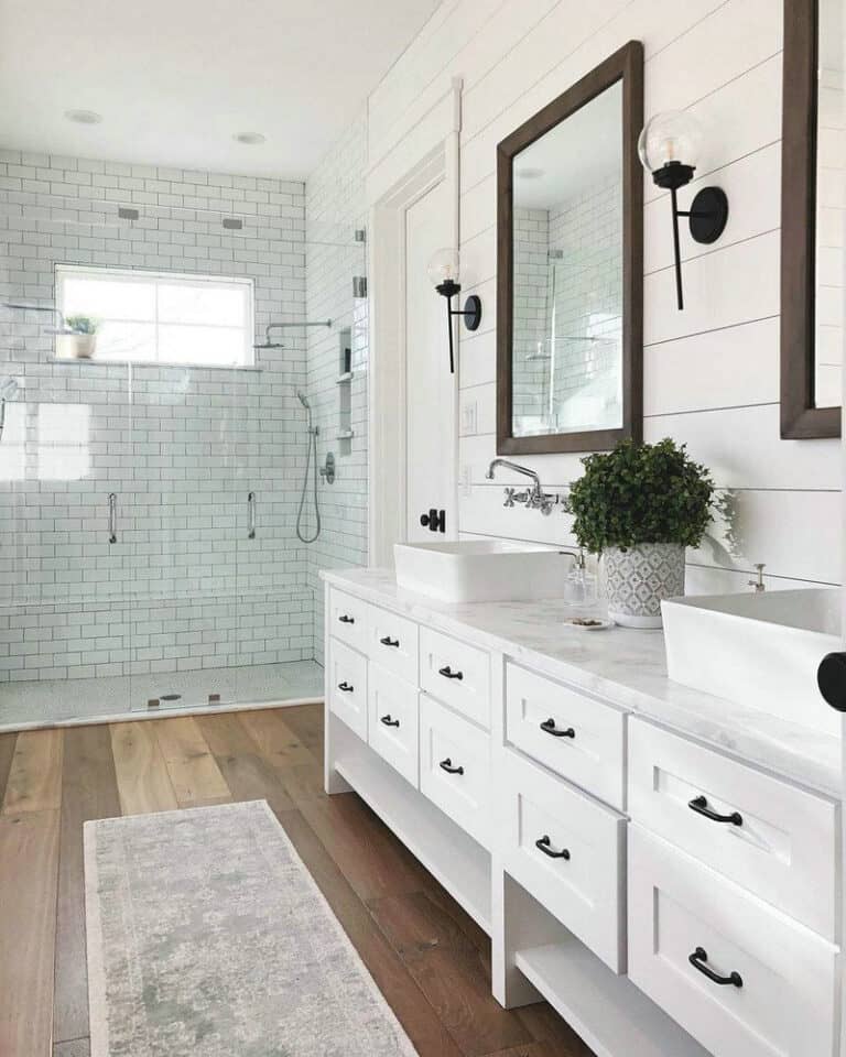 shiplap and subway tile bathroom feature