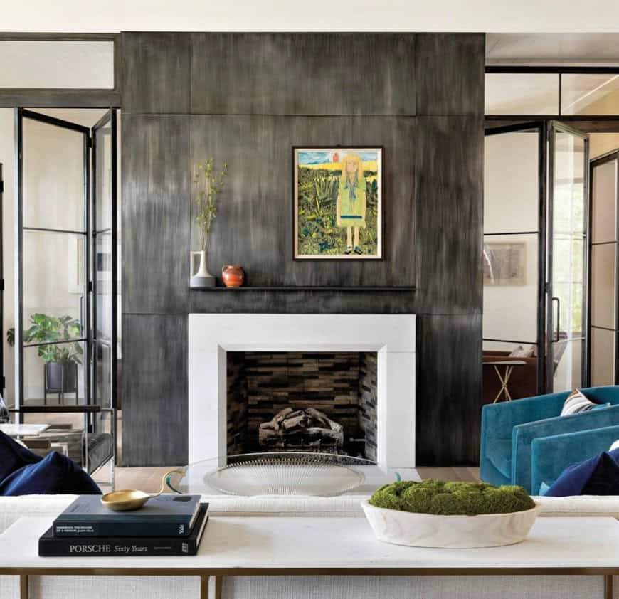 white walls black fireplace